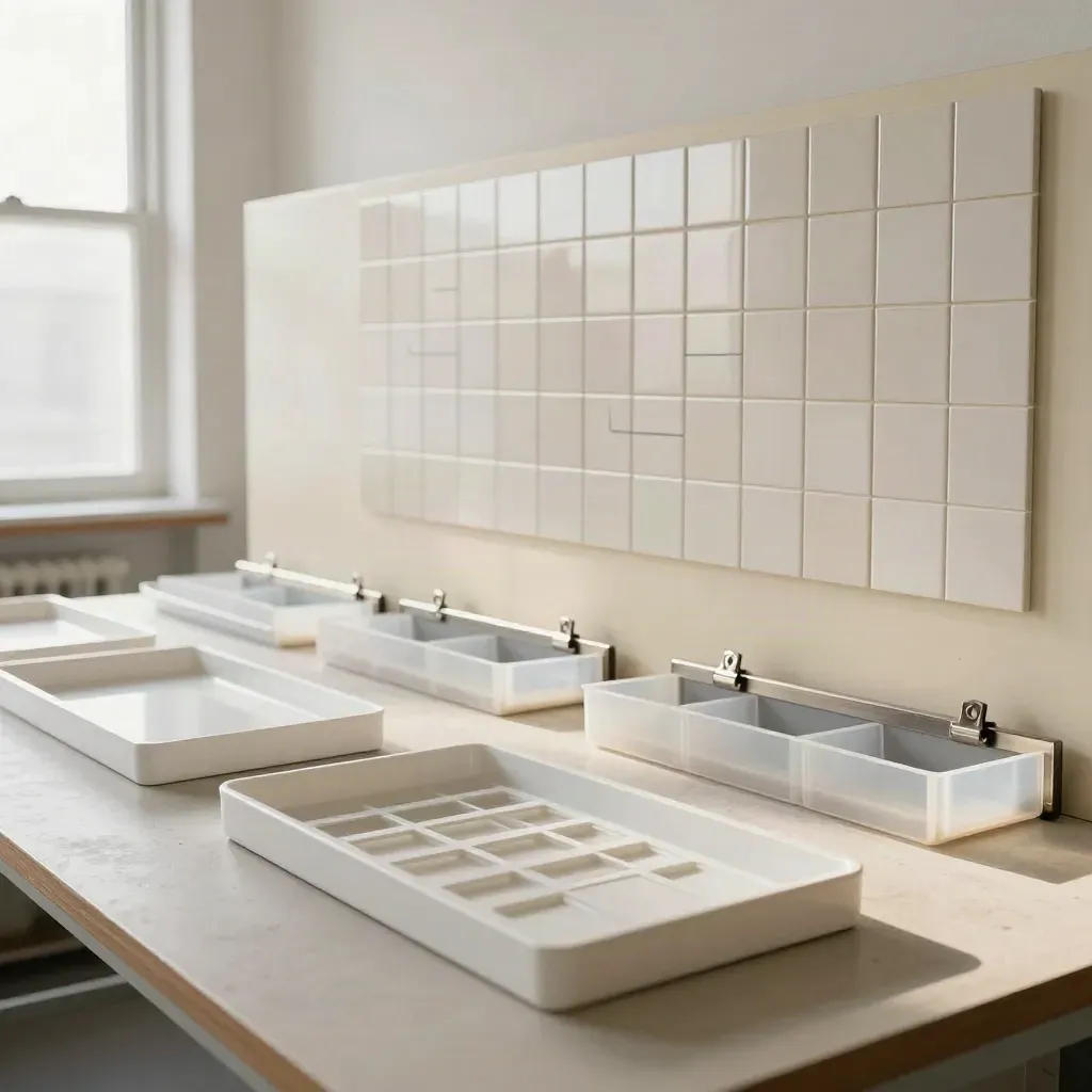 Redesigned workshop flow with trays, clip rails, sample bins and a magnetic tile wall