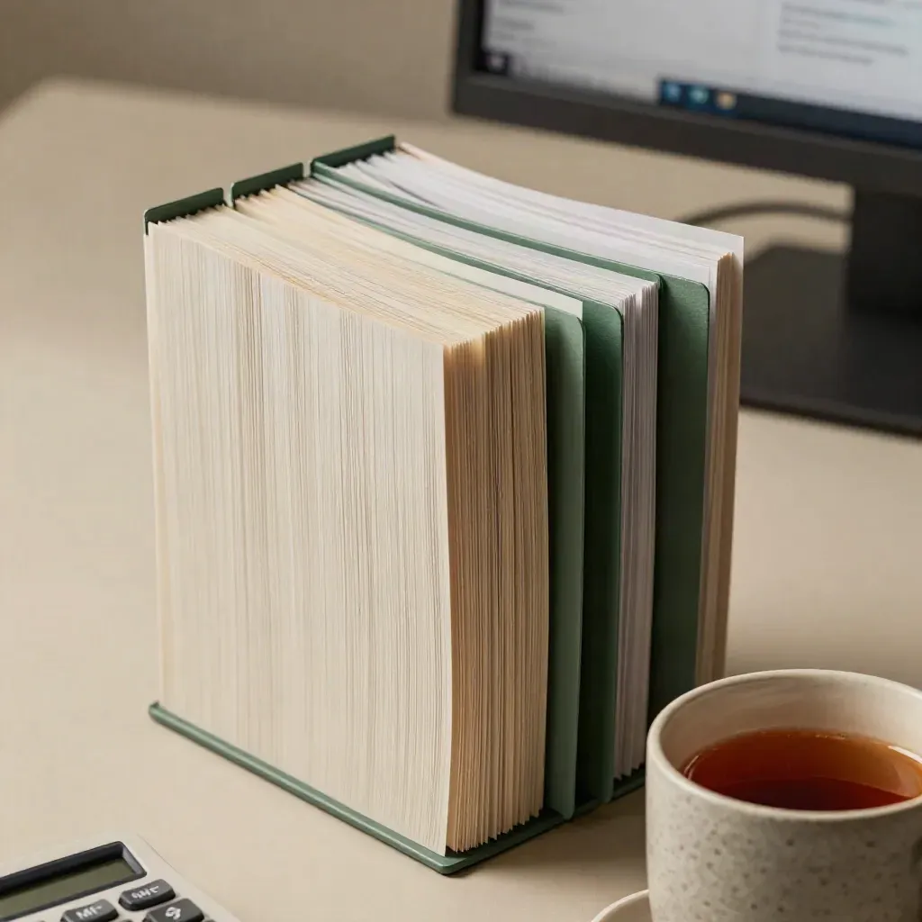 Stacked report sleeves beside a calculator and mug with a softly glowing monitor in a warm office