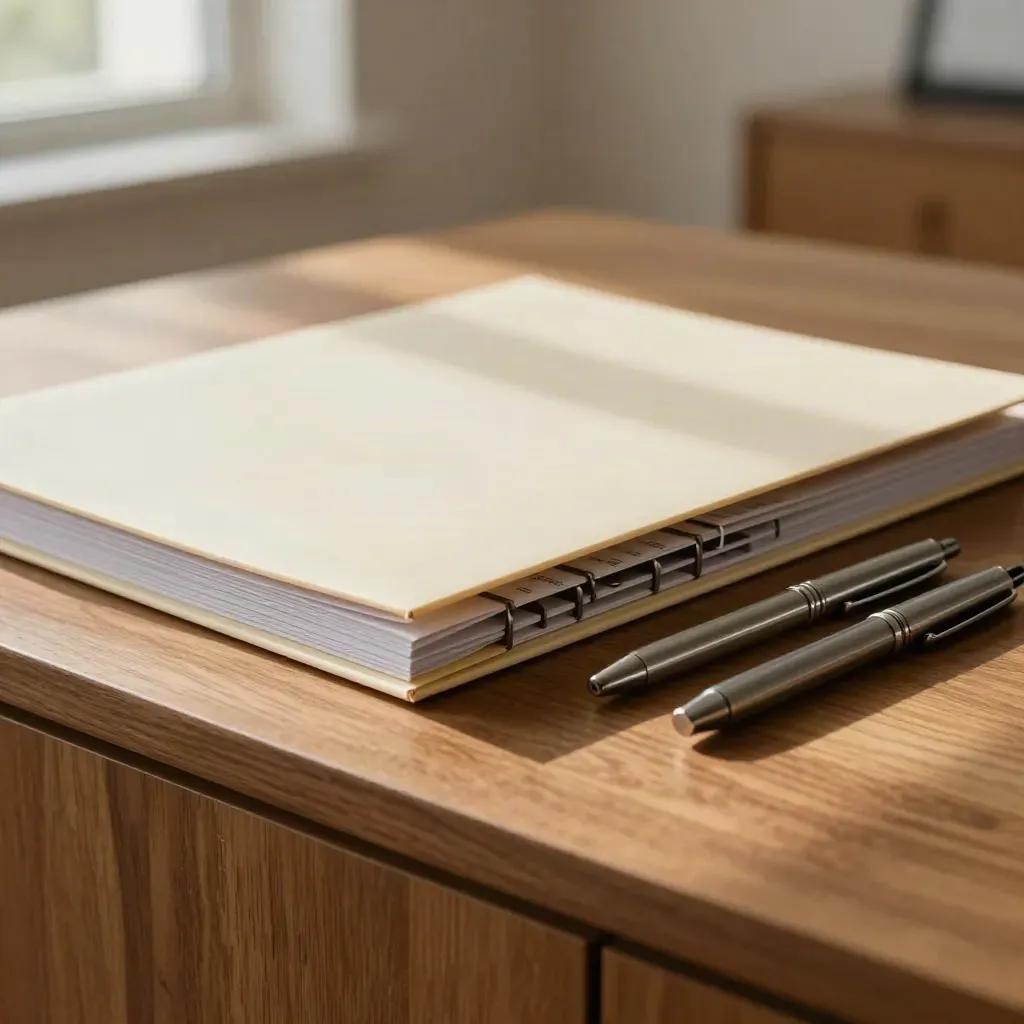 Workshop output pack with folder, map, dividers and two slim pens on an oak sideboard.