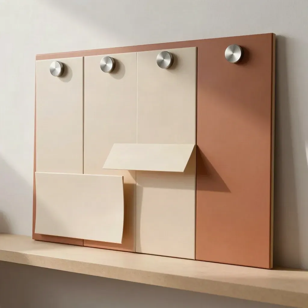 Cream workflow tiles and folded dividers on a matte board in a bright consulting studio.