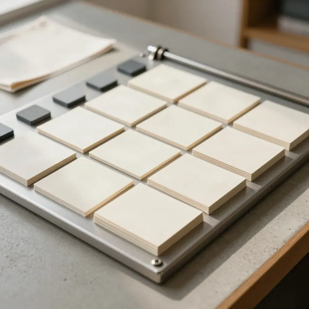 Top-down project board with blank cards, slate magnets and folded linen on concrete.