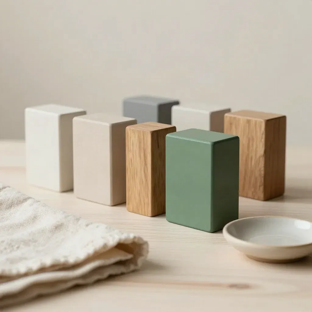 Milestone blocks, cream cloth, and ceramic dish on pale wood in soft daylight.
