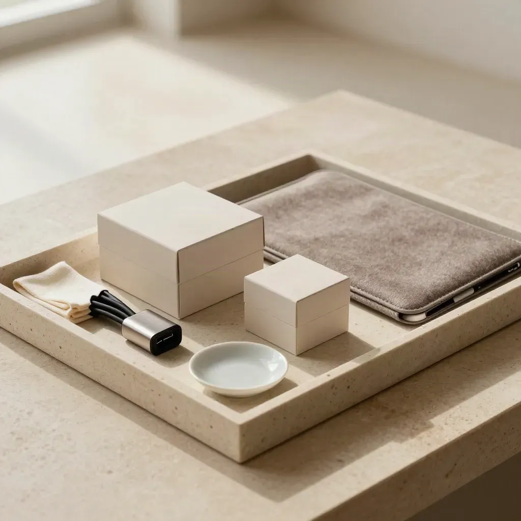 Software boxes, cable adapters and a tablet sleeve in a travertine tray on limestone, lit by soft window light.